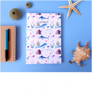 Notebook with sword whales' illustrations